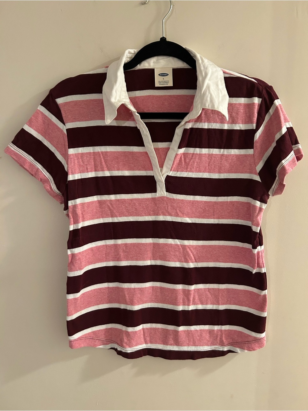 Old Navy Large Striped Pink & Maroon Rugby Short Sleeve Polo Y2K V-Neck Preppy